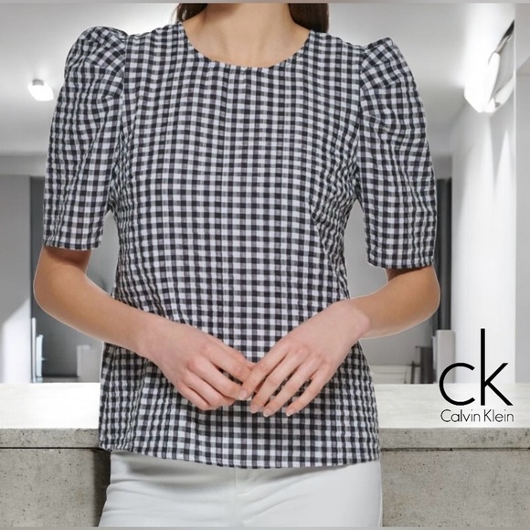 Calvin Klein, Gingham Puff Sleeve Blouse - Size M - Black & White - Picture 1 of 11